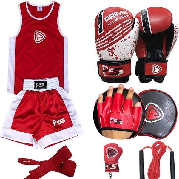 PSS Kids Boxing set 6PCS Set Uniforms 3-10 YEARS + Kids 1108 Focus Pad, Kids Boxing Gloves, Blue 1OO4 4-6 OZ, Wrap,Key Ring, Skipping Rope.