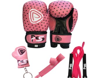 PSS Kids Boxing 4 pièces Gants de boxe Wrist Wrap Skipping Rope Keychain Kit d’accessoires professionnels pour la boxe et les arts martiaux 1010-Rose