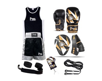 Ensemble de 6 uniformes de boxe pour enfants PSS, bloc de mise au point, gants de boxe, corde à sauter et porte-clés 1021 6 OZ