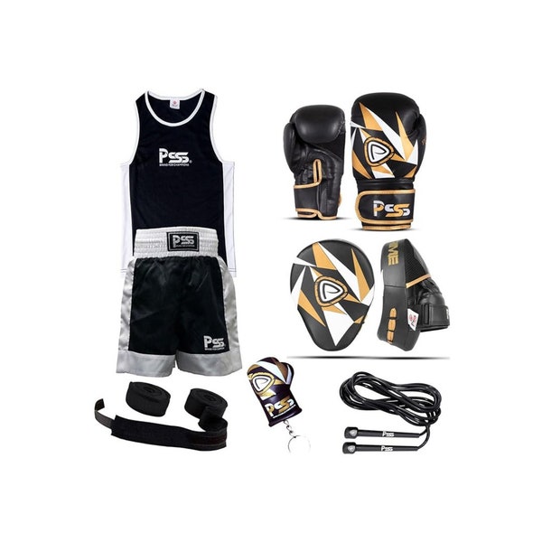 PSS Kids boxing Set of 6 pcs Uniform, Focus Pad, Boxing Gloves, Skipping Rope and Key Chain 1021 6 OZ