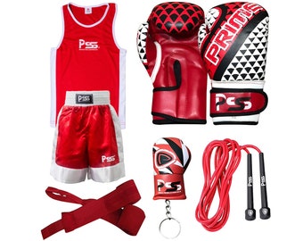 PSS Kids Boxing Set / Uniforme de boxe et gants Enveloppement de poignet / Corde à sauter / Porte-clés Accessoire professionnel Art martial mixte 1023-Rouge 4oz