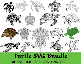 Può includere: Una collezione di disegni di tartarughe in vari stili, tra cui dettagliate illustrazioni a linea, silhouette e una tartaruga colorata. L'immagine include il testo "Turtle SVG Bundle" e abbreviazioni dei formati di file.