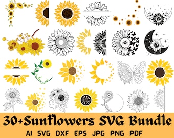 May include: A selection of sunflower designs in yellow, black, and white. The designs include full sunflowers, half sunflowers, and sunflowers with butterflies, moons, and hearts. The text "30+ Sunflowers SVG Bundle" is at the bottom, along with file type abbreviations.