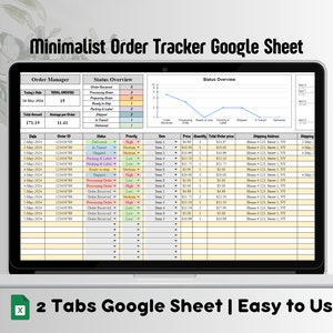 May include: A screenshot of a Google Sheet spreadsheet with two tabs, "Order Manager" and "Status Overview". The spreadsheet is used to track orders, with columns for date, order ID, status, priority, item, price, quantity, total order price, shipping address, and shipping date. The spreadsheet is designed to be minimalist and easy to use.