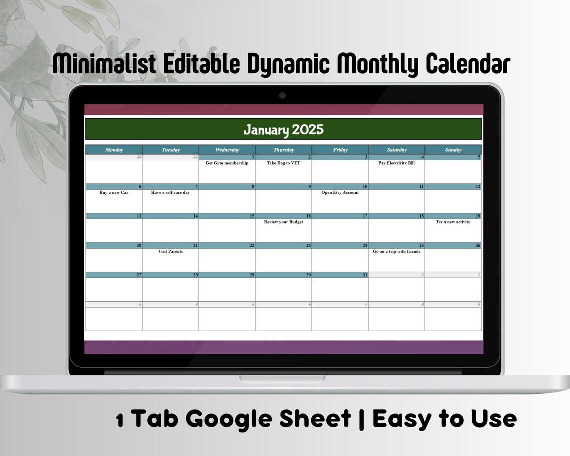 2025 Editable Monthly Calendar Google Sheets, Calendar Template, 2025