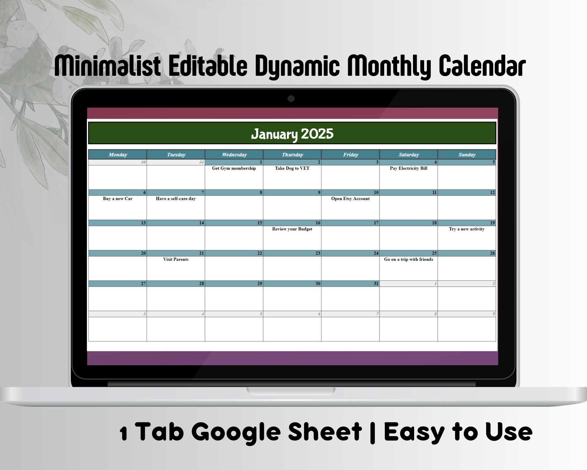 2025 Editable Monthly Calendar Google Sheets, Calendar Template, 2025 Calendar, Task Calendar