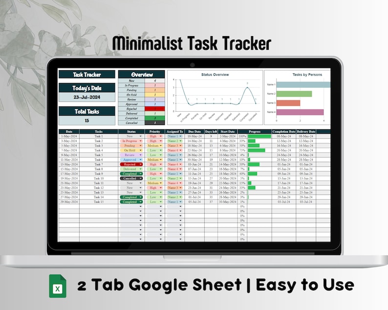 Puede incluir: Una pantalla de computadora port&aacute;til que muestra una hoja de c&aacute;lculo de seguimiento de tareas minimalista con un esquema de color verde, rojo y amarillo. La hoja de c&aacute;lculo incluye columnas para la fecha, la tarea, el estado, la prioridad, la asignaci&oacute;n, la fecha de vencimiento, la fecha de inicio, los d&iacute;as restantes, el progreso, la fecha de finalizaci&oacute;n y la fecha de entrega. La hoja de c&aacute;lculo tambi&eacute;n incluye un gr&aacute;fico que muestra la descripci&oacute;n general del estado y un gr&aacute;fico que muestra las tareas por persona. El texto en la pantalla dice "Minimalist Task Tracker", "Task Tracker", "Today's Date", "23-Jul-2024", "Total Tasks", "15", y "2 Tab Google Sheet | Easy to Use".