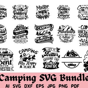 Lot svg camping, camping citation svg, svg disant camping, vie de camp svg, svg feu de camp, lot svg montagne, svg aventure, clipart camping,