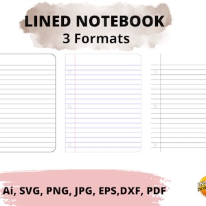 Pacchetto di fogli a righe stampabili per diario di quaderni, appunti digitali PDF e PNG, carta per quaderni a righe svg, carta per quaderni scolastici Svg, Pdf e Png