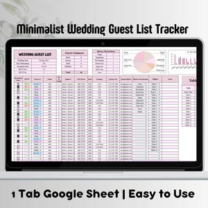 May include: A minimalist wedding guest list tracker spreadsheet with a pink and white colour scheme. The spreadsheet includes sections for guest information, RSVP status, dietary restrictions, and table assignments. The spreadsheet is titled "Wedding Guest List" and includes a summary of the guest list, including the total number of guests, children, and dietary restrictions.