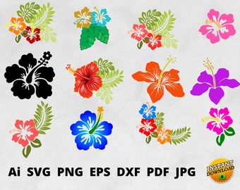 May include: A collection of colorful hibiscus flower designs in various styles. The image includes flowers in red, orange, pink, purple, blue, and black, with green leaves. Text at the bottom reads "Ai SVG PNG EPS DXF PDF JPG" and "INSTANT DOWNLOAD".