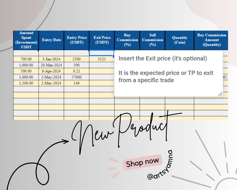 May include: A table with a grid pattern and yellow cells. The table has column headers for Amount Spent (Investment) USDT, Entry Date, Entry Price (USDT), Exit Price (USDT), Buy Commission (%), Sell Commission (%), Quantity (Coin), and Buy Commission Amount (Quantity). The table has rows with data for the amount spent, entry date, entry price, and exit price. A blue box with white text says "Insert the Exit price (it's optional). It is the expected price or TP to exit from a specific trade."