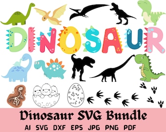 May include: A colorful dinosaur-themed SVG bundle featuring various dinosaur illustrations, including a green Brontosaurus, a Pterodactyl, and a Tyrannosaurus Rex silhouette. The word "DINOSAUR" is spelled out in vibrant letters. The text "Dinosaur SVG Bundle" is also included.