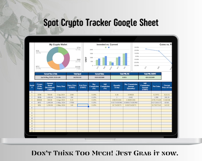 May include: A screenshot of a Google Sheet spreadsheet with a title "Spot Crypto Tracker Google Sheet". The spreadsheet contains a pie chart showing the distribution of a crypto wallet, a bar chart showing invested vs. current value, and a line chart showing coins vs. price. The spreadsheet also contains a table with data about crypto coins, including the amount invested, entry date, entry price, exit price, buy commission, sell commission, quantity, and current price.