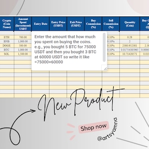 May include: A yellow and white grid table with a column header for serial number, crypto coin name, amount spent, entry date, entry price, exit price, buy commission, sell commission, quantity, and buy commission amount. The table has a text box with instructions on how to enter the amount spent on buying coins. The text box says "Enter the amount that how much you spent on buying the coins. e.g., you bought 5 BTC for 75000 USDT and then you bought 3 BTC at 60000 USDT so write it like =75000+60000".