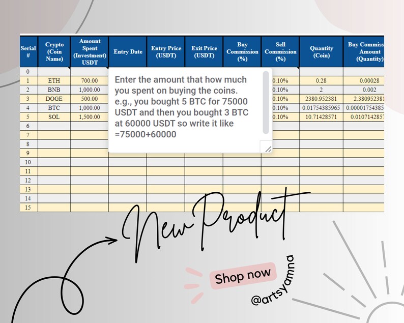 May include: A yellow and white grid table with a column header for serial number, crypto coin name, amount spent, entry date, entry price, exit price, buy commission, sell commission, quantity, and buy commission amount. The table has a text box with instructions on how to enter the amount spent on buying coins. The text box says "Enter the amount that how much you spent on buying the coins. e.g., you bought 5 BTC for 75000 USDT and then you bought 3 BTC at 60000 USDT so write it like =75000+60000".