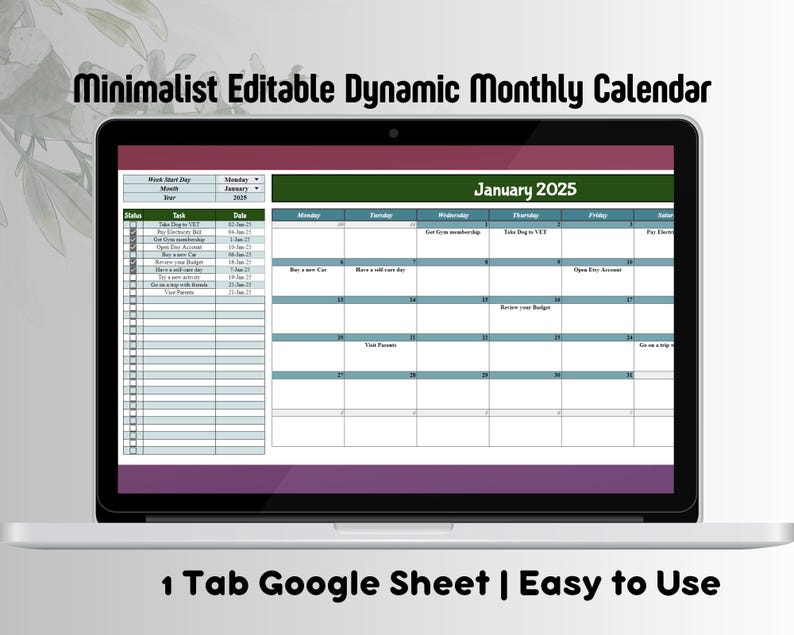 2025 Editable Monthly Calendar Google Sheets, Calendar Template, 2025