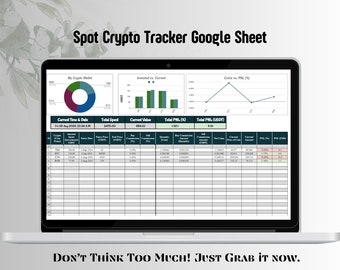 Peut inclure: Un écran d'ordinateur portable affichant une feuille de calcul Google avec un suivi de crypto-monnaies spot. La feuille comprend un graphique en camembert montrant la répartition des avoirs en crypto-monnaies, un graphique à barres comparant la valeur investie et la valeur actuelle, un graphique en ligne montrant la performance des pièces et un tableau avec des informations détaillées sur chaque crypto-monnaie.