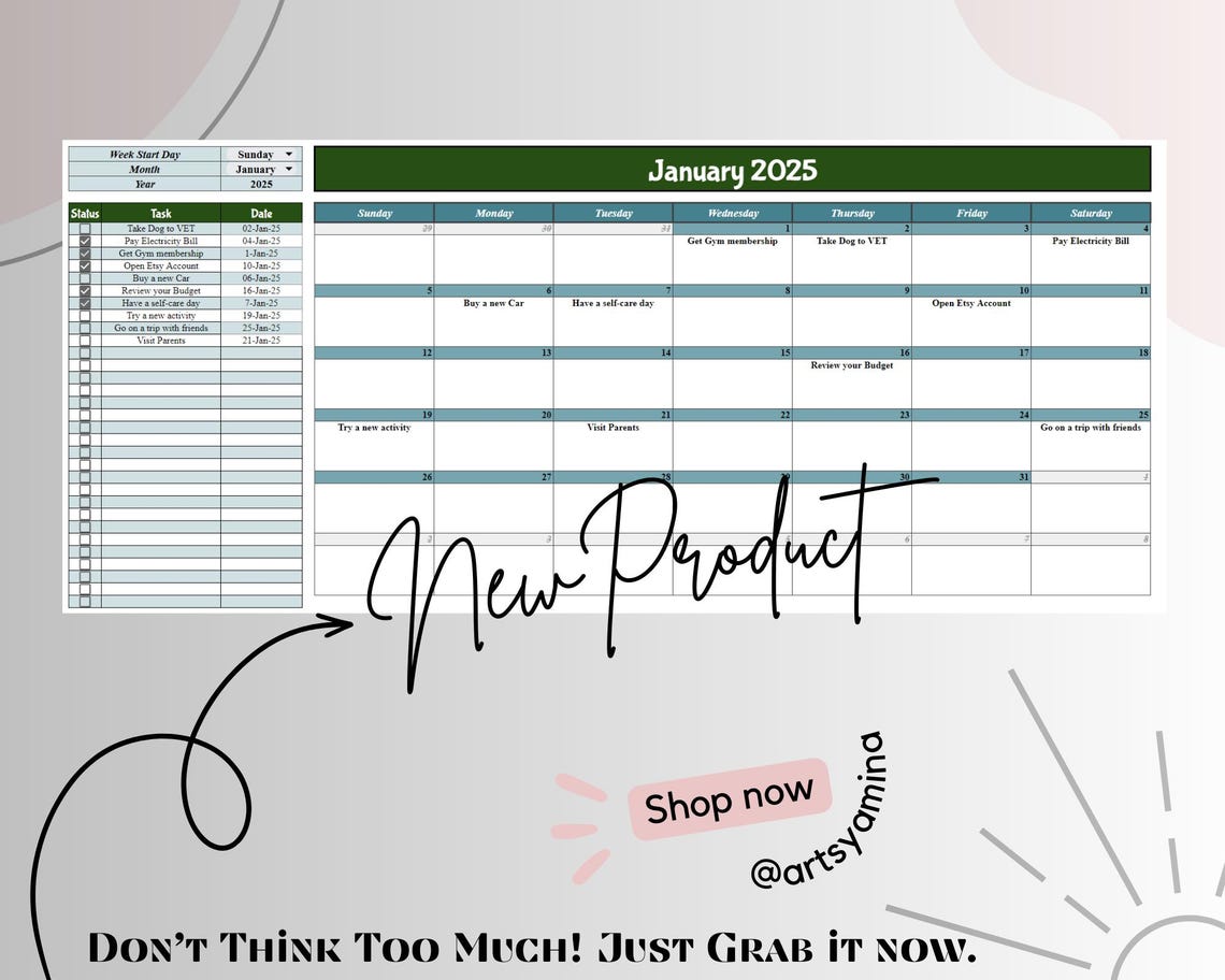 2025 Editable Monthly Calendar Google Sheets, Calendar Template, 2025