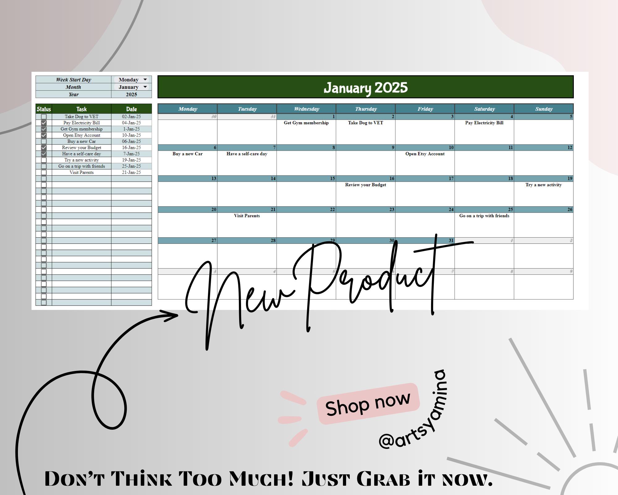 2025 Editable Monthly Calendar Google Sheets, Calendar Template, 2025 Calendar, Task Calendar