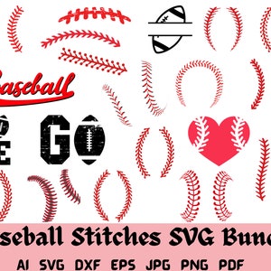 May include: A collection of baseball-themed graphics in red and black. Includes baseball stitches, a heart-shaped design, and text that says "Baseball", "Love", and "Go". The image also includes the text "Baseball Stitches SVG Bundle".