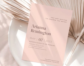 Minimal Bridal Shower Printable Invitation, Simple Wedding Shower Invite, Pastel Pink Peach Salmon Coral, Classy Elegant, 5x7 Customized