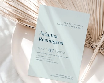 Minimal Bridal Shower Printable Invitation, Simple Wedding Shower Invite, Pastel Blue Teal Turquoise Aqua, Classy Elegant, 5x7 Customized