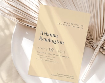 Minimal Bridal Shower Printable Invitation, Simple Wedding Shower Invite, Pastel Gold Sand Beige Yellow Gray, Classy Elegant, 5x7 Customized