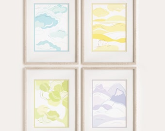 Printable Landscape Nursery Wall Art, Cloud Tree Beach Mountain Illustration Set of 4 Discount, Kids Bedroom Decor, Baby Shower, Shape Line