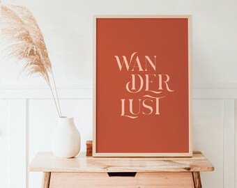 Wanderlust Poster, Travel Gallery Wall Art, Boho Adventure Sign, Bohemian Tour, Trip Home Decor, Farmhouse Banner, Brick Rust Red Coral Pink