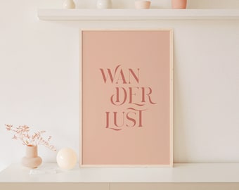 Wanderlust Poster, Travel Gallery Wall Art, Boho Adventure Sign, Bohemian Tour, Trip Home Decor, Farmhouse Banner, Pink Peach Salmon Coral