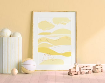 Printable Landscape Nursery Wall Art, Seaside Beach Illustration Print, Kids Bedroom Decor, Coastal Baby Shower Design, Pastel Yellow Orange