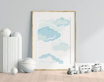 Printable Landscape Nursery Wall Art, Cloud Illustration Kids Bedroom Decor, Baby Shower Sky Graphic, Blue White Shapes Lines