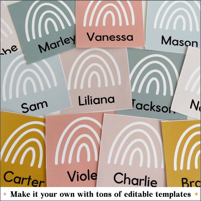 May include: Ten colorful rainbow-shaped cards with white outlines and names printed in black. The names are: Marley, Vanessa, Mason, Sam, Liliana, Jackson, Carter, Viole, Charlie, and Brc. The text "Make it your own with tons of editable templates" is printed at the bottom of the image.