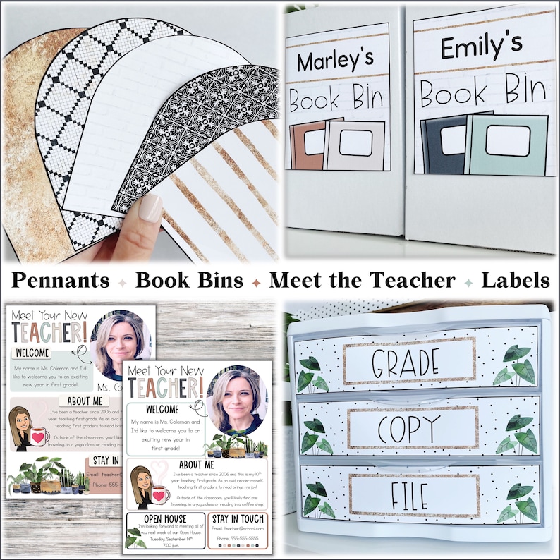 May include: A set of printable classroom decor featuring a meet the teacher sign, book bin labels, pennants, and drawer labels. The labels feature a green and white leafy design with the words "Grade", "Copy", and "File".