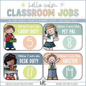 Hello Calm Classroom Jobs Display with Graphics and Editable Job Titles  | Editable Pastel Classroom Decor | Digital Download