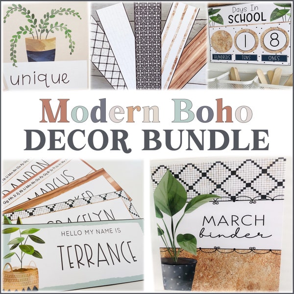 Lot de décorations bohèmes modernes pour la classe | Lot de décorations modifiables pour la classe | Décoration de classe neutre | Lot de plantes bohèmes décoratives pour la classe