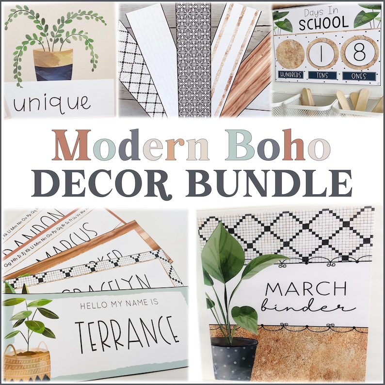 May include: A digital download of printable classroom decor in a modern boho style. The decor features black and white geometric patterns, green plants, and a light brown background. The text "Modern Boho Decor Bundle" is displayed in a large font. The text "Days in School" is displayed on a white background with a black border. The numbers 1 and 8 are displayed in a circle with a brown background. The text "March Binder" is displayed on a white background with a black border. The text "Hello My Name Is Terrence" is displayed on a white background with a black border. The text "Bandon" and "AADCUS" are displayed on a white background with a black border.