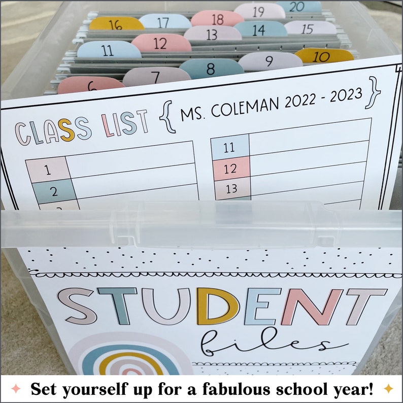 May include: A clear plastic storage bin with a white label that says "STUDENT files" and a rainbow design. The label also says "Set yourself up for a fabulous school year!" The bin is filled with colorful folders labeled with numbers.