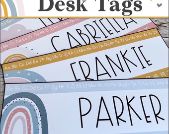 Classroom Desk Tags | Editable Student Name Tags | Alphabet Desk Tags | Student Nameplates | Boho Rainbow Classroom Decor