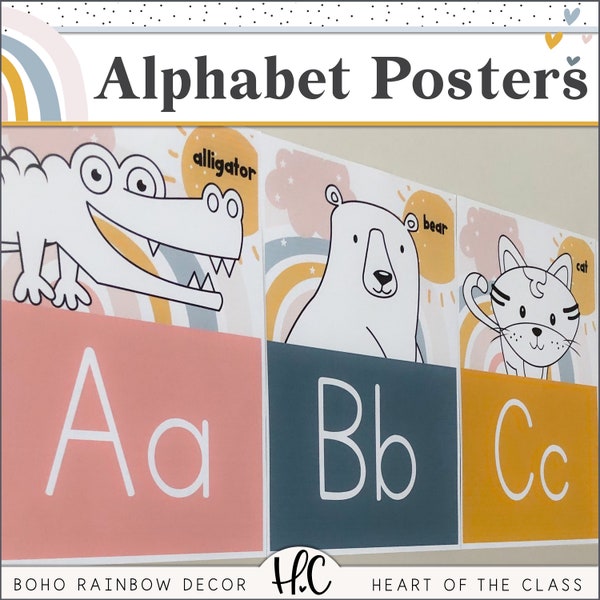 Affiches de l'alphabet | Alphabet de classe bohème arc-en-ciel | Alphabet primaire