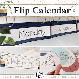 Calendário Flip | Decoração de sala de aula Boho moderna | Calendário Flip de sala de aula