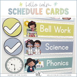 Hello Calm Classroom Visual Schedule Cards with Graphics and Clocks | Editable Pastel Classroom Decor | Digital Download