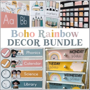 Pacchetto di decorazioni per aule Boho Rainbow / Pacchetto di decorazioni per aule moderne / Pacchetto di decorazioni per aule modificabili / Pacchetto di decorazioni per aule allegre e calme