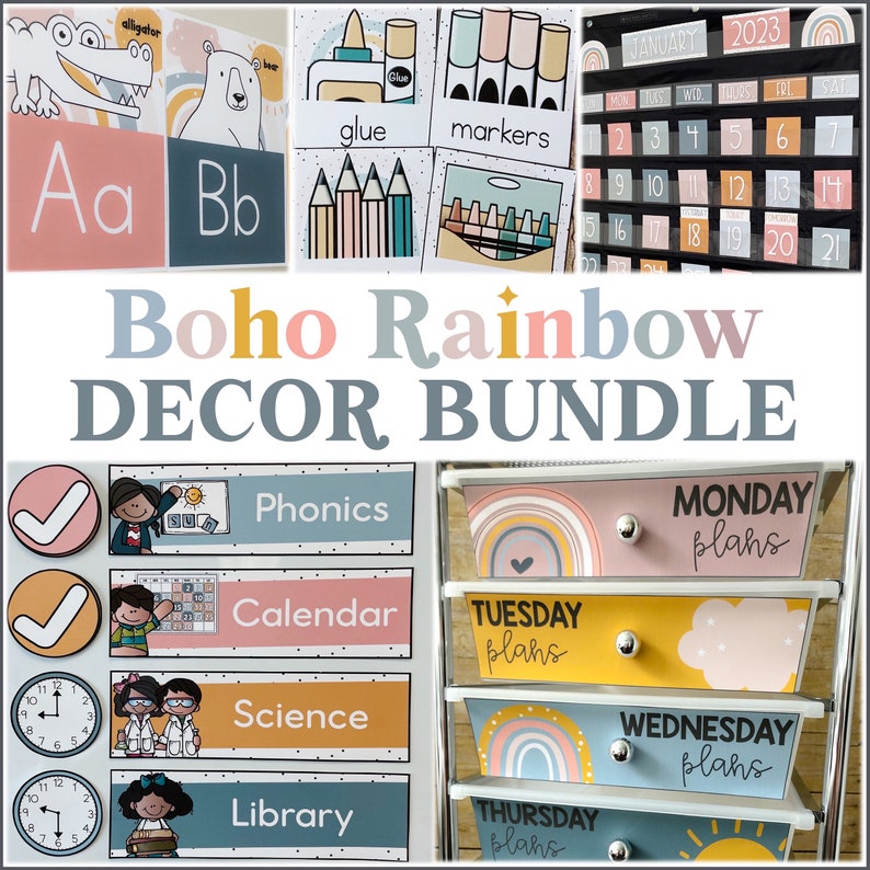 May include: A set of colorful classroom decor featuring a rainbow theme. The set includes alphabet cards, a calendar, a science label, a library label, a phonics label, and a set of labels for each day of the week. The labels feature a rainbow, a heart, a sun, and a cloud.