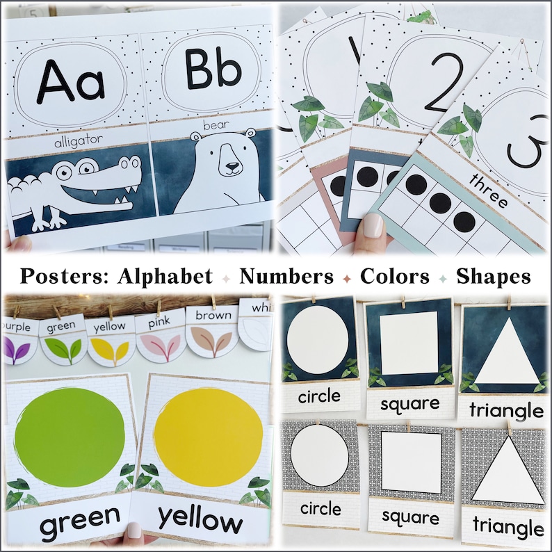 May include: A set of printable posters for teaching the alphabet, numbers, colors, and shapes. The posters feature a jungle theme with green leaves and a blue watercolor background. The posters include the letters A and B, the numbers 1, 2, and 3, the colors green and yellow, and the shapes circle, square, and triangle.