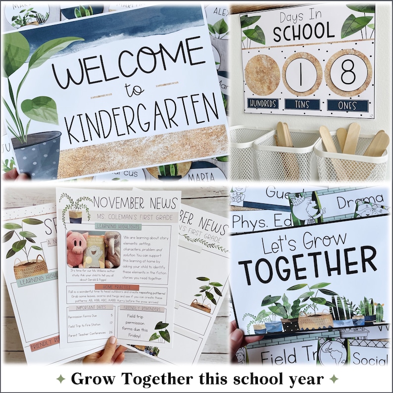 May include: A set of classroom decor featuring a welcome to kindergarten sign, a days in school counter, and a let's grow together sign with a green plant theme. The signs are decorated with watercolor-style illustrations of plants and pots.