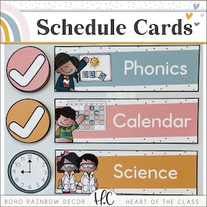 Cartes d'horaire de la classe | Décoration de classe bohème arc-en-ciel | Calendrier visuel modifiable