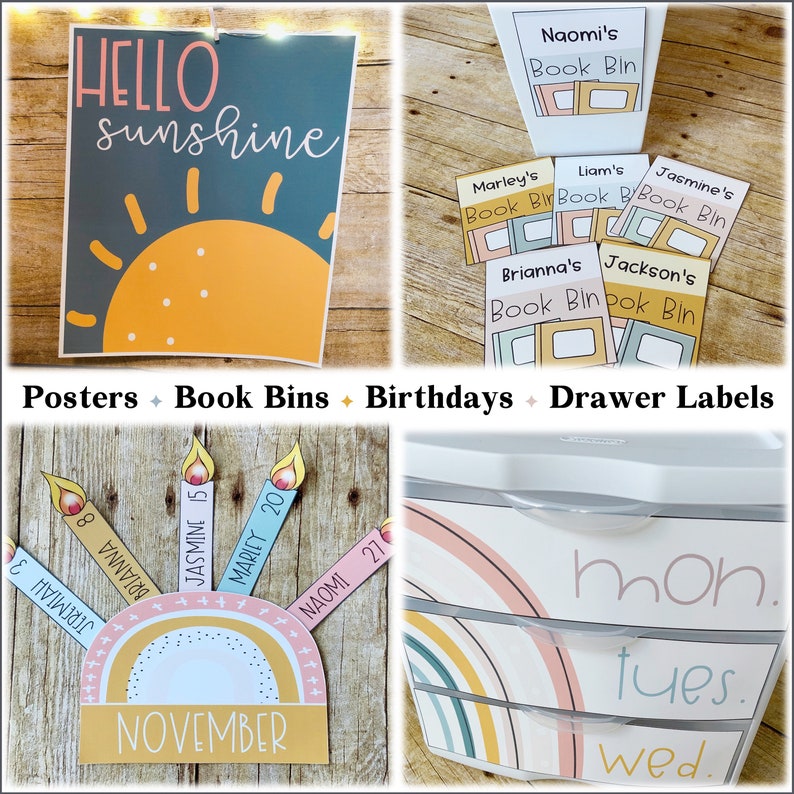 May include: A set of classroom organization and decor items featuring a rainbow theme. The set includes a "Hello Sunshine" poster, book bin labels, birthday candles, and drawer labels. The drawer labels are for Monday, Tuesday, and Wednesday.