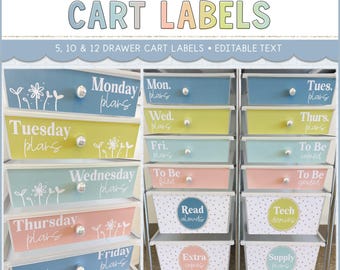 Rolling Cart Labels for 5 Drawer, 10 Drawer and 12 Drawer Teacher Trolley | Hello Calm Pastel Editable Classroom Decor | Digital Download